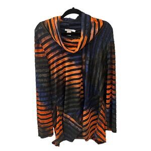 Feratelli Sweater Women's Top XL Black Orange Cowl Neck Long Sleeve Stripe Artsy